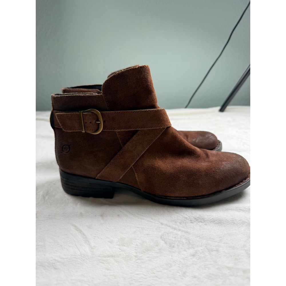 Born Kerri Brown Suede Ankle Boots Buckle Strap Side Zip F11426 Womens 10M